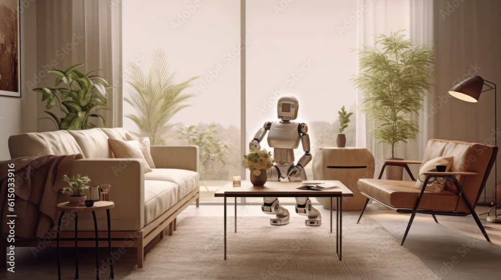 The robot sitting in the room with coffee The robot sitting in the room with coffee