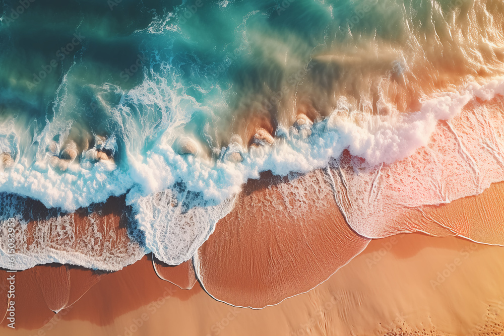 Overhead shot of sea waves with clean beach sand and sunlight background 24