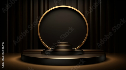 Fashionable podium in dark color with a golden frame for the presentation of cosmetics and jewelry. Generative Ai. 