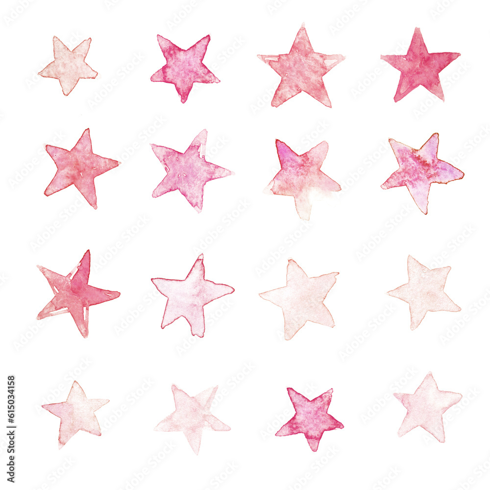Pink stars clipart on a blank background. Watercolor pink stars. Vintage print. Pink stars clipart on a blank background. Watercolor pink stars. Vintage print.