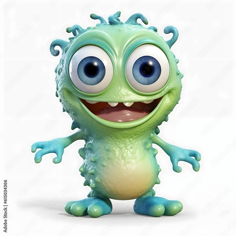 Fototapeta premium full body view of green alien monster, super cute baby monster with massive blue eyes and big head huge open smile