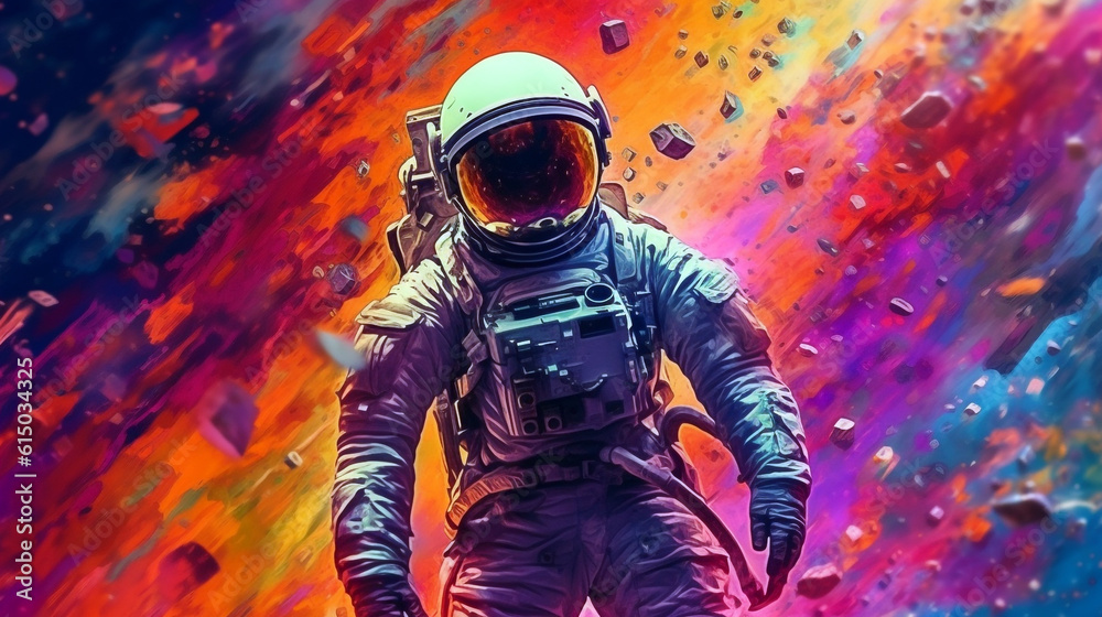 Fototapeta premium astronaut on the background of falling stones on a colorful background illustration in the style of abstract impressionism. Generative Ai. 