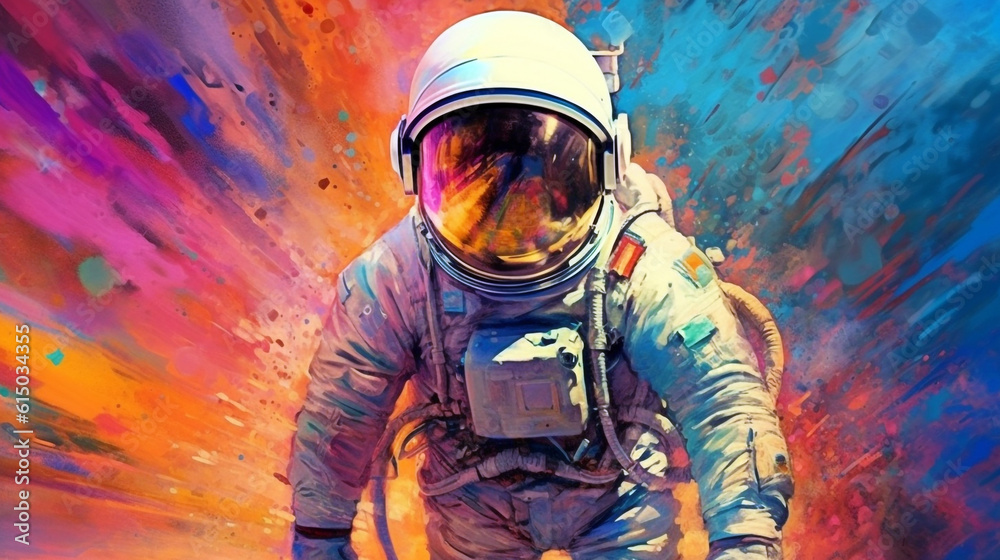 Obraz premium image of an astronaut on a multi-colored background illustration in the style of abstract impressionism. Generative Ai.