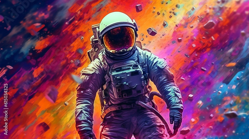 astronaut on the background of falling stones on a colorful background illustration in the style of abstract impressionism. Generative Ai. 