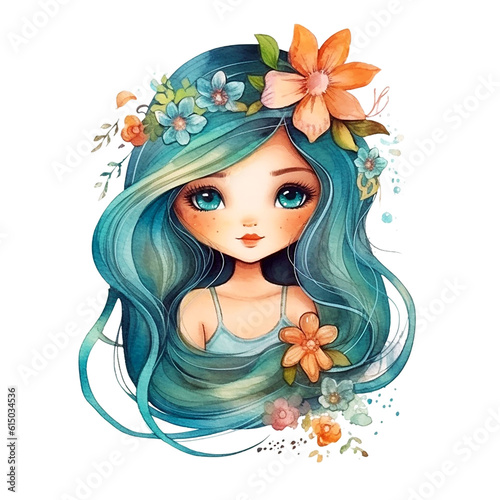 Fabulous baby girl, cute baby mermaid with long hair and flowers. Fantasy character. Watercolor. 