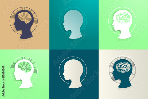Set of Mental health, intellect, psychiatric icons and logos. Mental health disorder symbolism. Medical logos and icons on colored backgrounds. Minimalist and modern. Editable Vector Illustration. EPS