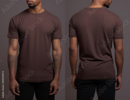 Photo realistic male brown t-shirts with copy space, front, and back view