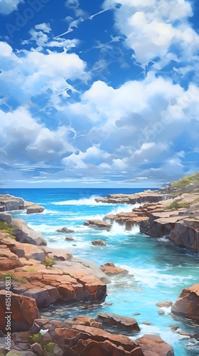 Painting of a rocky shore and sea water again blue sky and clouds, illustration of lively coastal landscapes