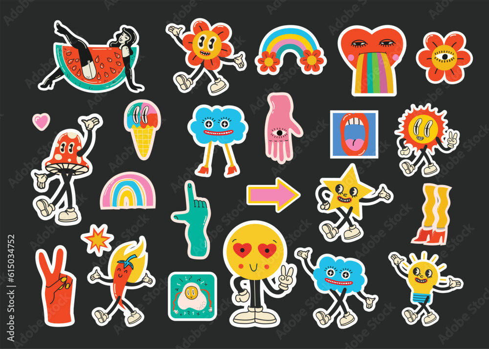 Fototapeta premium Retro cartoon stickers with funny comic characters and gloved hands. Contemporary abstract shape, banana, star and mushroom badge vector set.