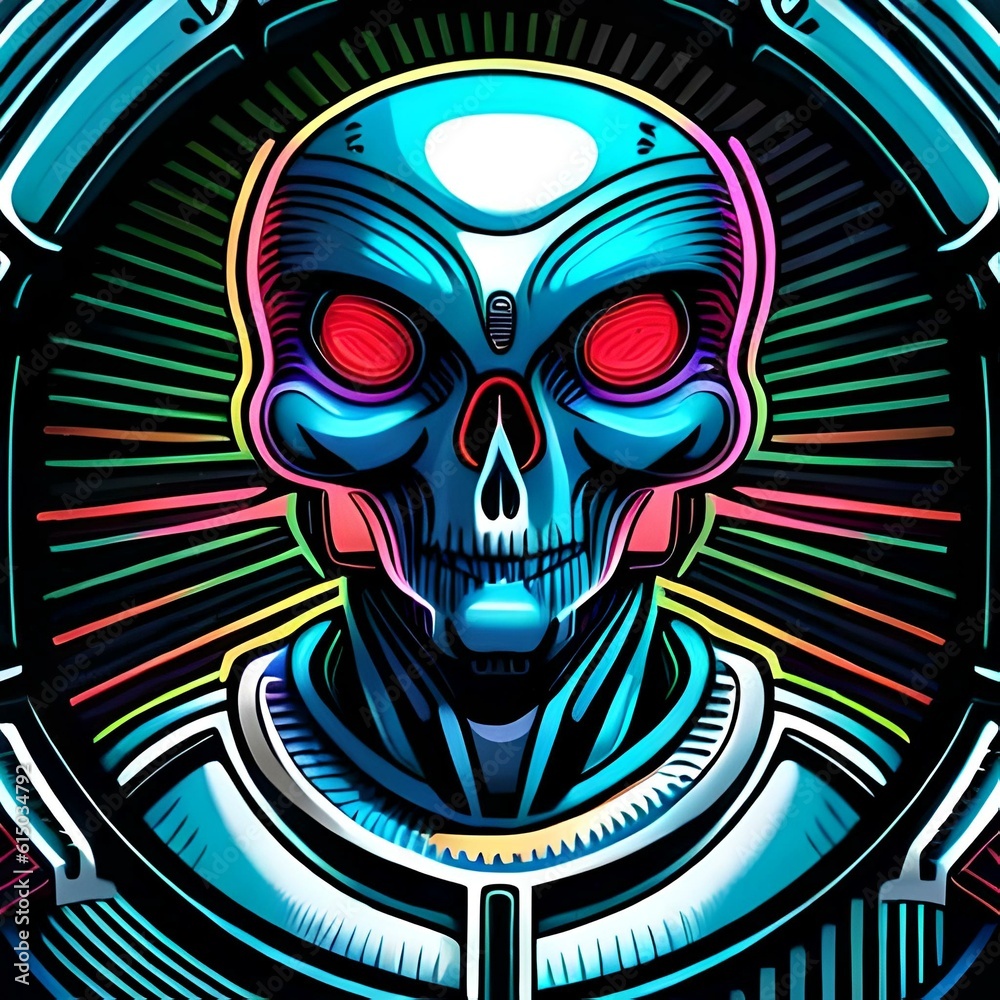 Image of a colourful bio-mechanical skull. (AI-generated fictional illustration)