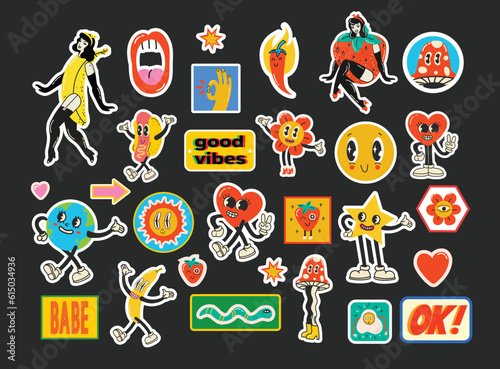 Retro cartoon stickers with funny comic characters and gloved hands. Contemporary abstract shape, banana, star and mushroom badge vector set.