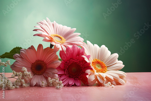 Floral composition with fresh colorful flowers on green gradient background. Festive flower concept