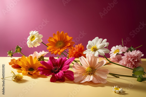 Close-up with fresh flowers on the table in soft lighting. Women s Day  Mother s Day concept