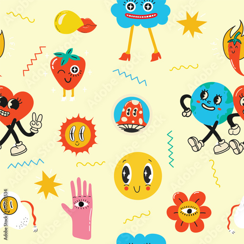 Colorful funny happy face label seamless pattern set. Collection of trendy retro sticker cartoon backgrounds. Weird comic character art wallpaper