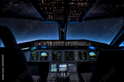 Cockpit aviation control panel digital display instruments of an aircraft in flight at night with a clear view of the stars in the sky, computer Generative AI stock illustration image photo