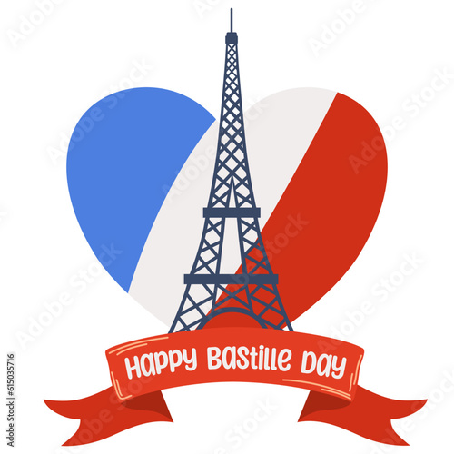 Happy bastille day. French National Day poster with Eiffel tower. Flat vector illustration isolated on white background