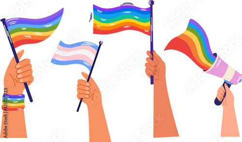 Hands with LGBT Flags. People are crowding with the rainbow flag, gender signs and hearts, the LGBTQ community, pride month. Vector set illustrations of gay pride posters