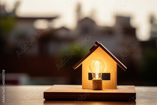 Wooden house on table with light bulb, symbolizing construction and creativity., Generative AI.