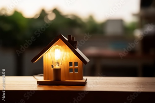 Wooden house on table with light bulb, symbolizing construction and creativity., Generative AI. © ParinApril