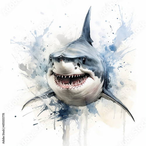 White shark portrait drawn with Chinese Calligraphy against a white background © 1by1step