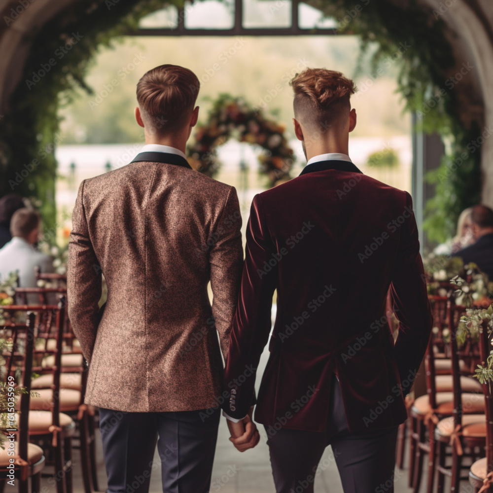 Gay couple getting married at a wedding. Gay marriage concept. Generative AI.