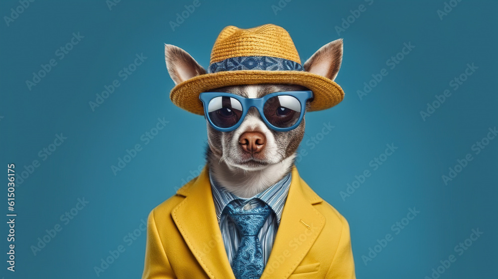 Funny dog in a hat and sunglasses on a blue background. Banner copy space, ai generative