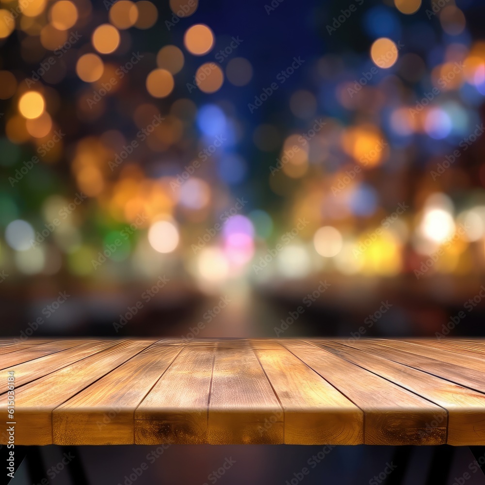 Empty wood table top perspective with blurred background. copy space for advertisement, Generative AI illustration.