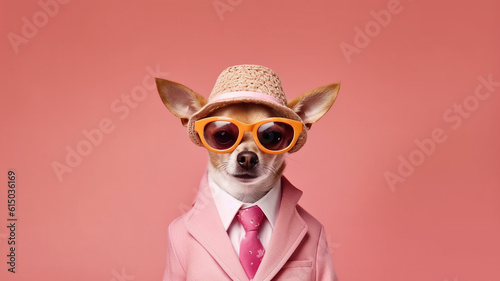 chihuahua wearing a hat and sunglasses on a pink background, banner, ai generative