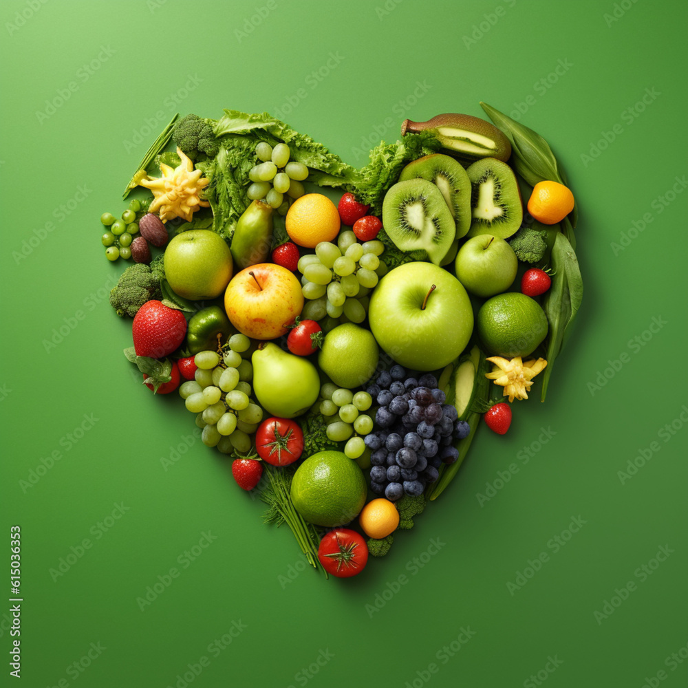 Heart shaped fruits and vegetables. Vegetarian and vegan diet concept. Healthy diet. Generative AI. Heart shaped fruits and vegetables. Vegetarian and vegan diet concept. Healthy diet. Generative AI.