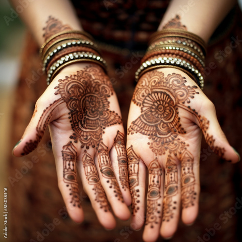 Henna or gena tattoo on the hands. Generative AI. photo