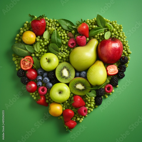 Heart shaped fruits and vegetables. Vegetarian and vegan diet concept. Healthy diet. Generative AI.