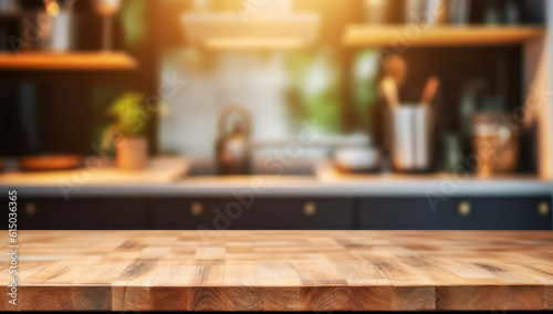 Blurry kitchen background with wood table for product display., Generative AI.
