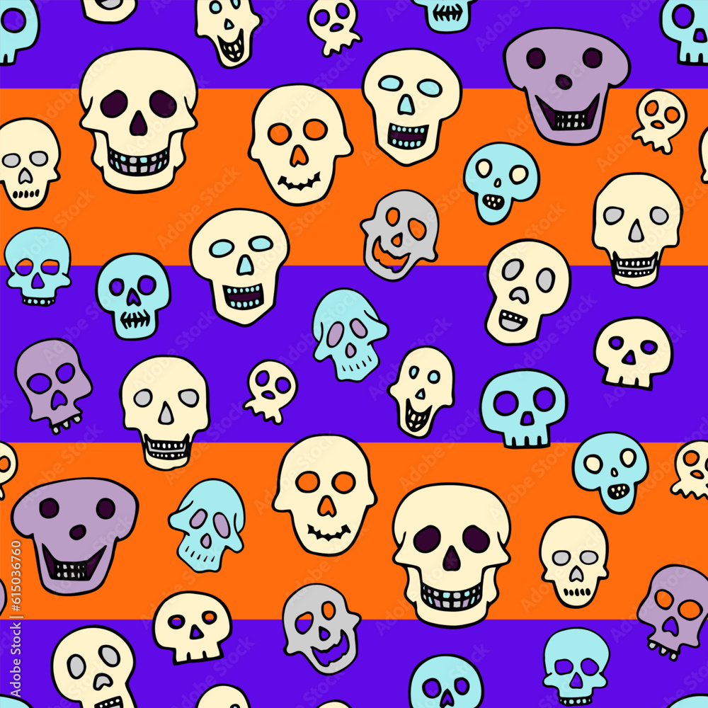 Obraz premium Doodle Halloween sculls seamless pattern. Color Skeleton on striped background. Hand-drawn scary cranium. Mystical sketch character. Vector illustration for spooky autumn holiday, The day of the Dead