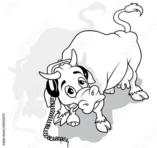 Drawing of a Spotted Cow with Headphones Listens to Music