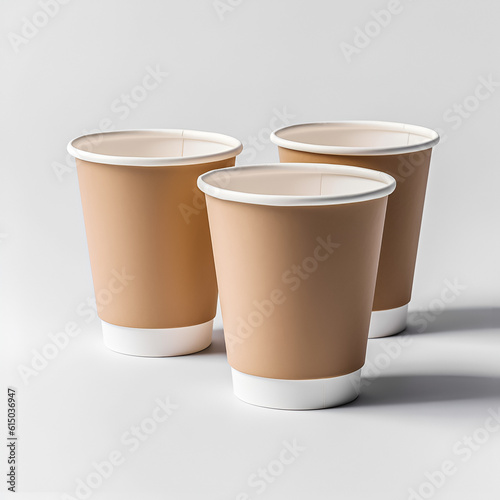 Three paper coffee cups on white, ideal for hot beverages on the go.