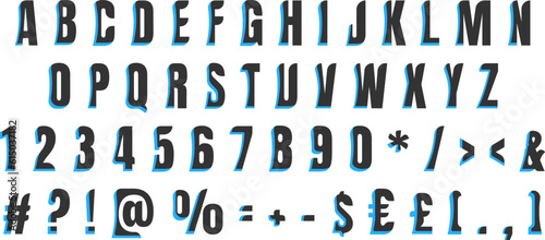 Black and blue bold alphabet set. Vector decorative typography. Decorative typeset style. Latin script for headers. Trendy letters and numbers for graphic posters, banners, invitations texts