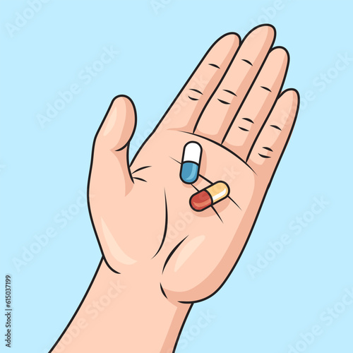 Medicine drug pills in hand schematic vector illustration. Medical science educational illustration