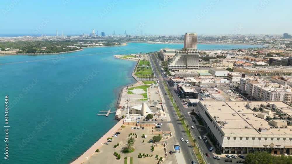 Jeddah, Saudi Arabia: Aerial view of coastal city and famous resort town, Al-Hamra Corniche area, Red Sea - landscape panorama of Arabian Peninsula from above