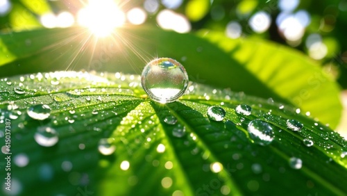 Fotografiet A Beautiful water drops sparkle in sun on leaf in sunlight, macro