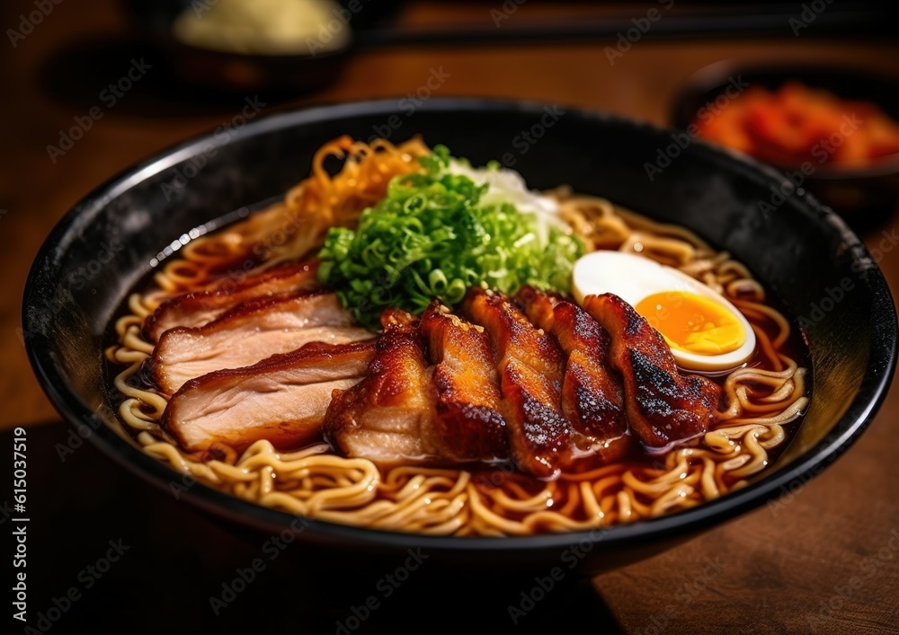 Fototapeta premium Chinese ramen with Grilled Chicken and Egg in the table in restaurant. generative AI image.