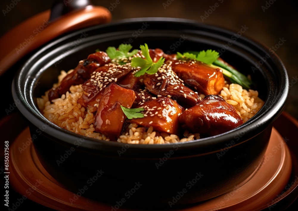 Asia food clay pot rice in restaurant generative AI image. Asia food clay pot rice in restaurant generative AI image.