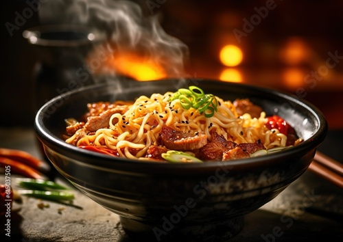 Chinese ramen with Grilled Chicken and Egg in the table in restaurant. generative AI image.
