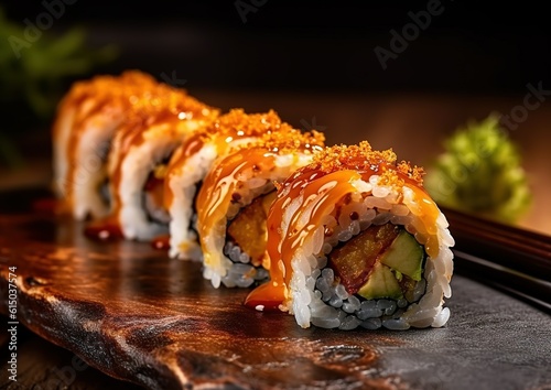 Crunchy maki o a sushi plate in restaurant. generative AI image. photo