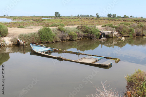 Boats cemetery at Delta de l'Ebre. Abandoned old wooden boats.