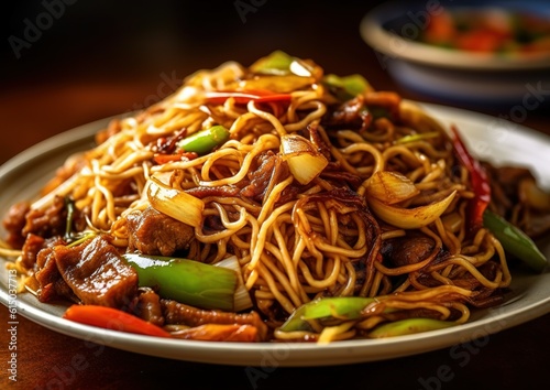 Stir Chinese fry noodles with beef and vegetable in white bowl. asian style food generative AI image.