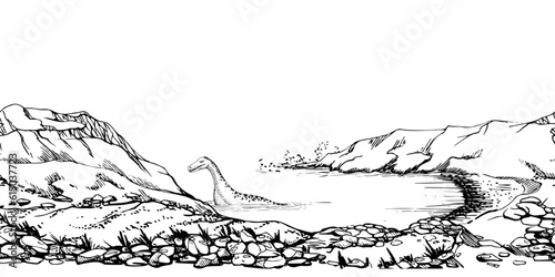Ink hand drawn vector sketch. Seamless border. Scotland scenic landscape with lake, hills, mountains, rock wall, ancient Loch Ness monster. Design for tourism, travel, brochure, wedding, guide, print.