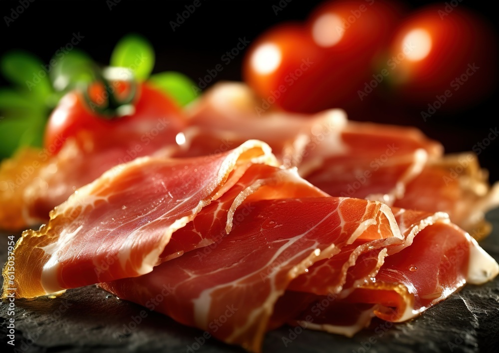 Italian prosciutto crudo or Spanish ham, Jerked meat. generative AI image. Italian prosciutto crudo or Spanish ham, Jerked meat. generative AI image.