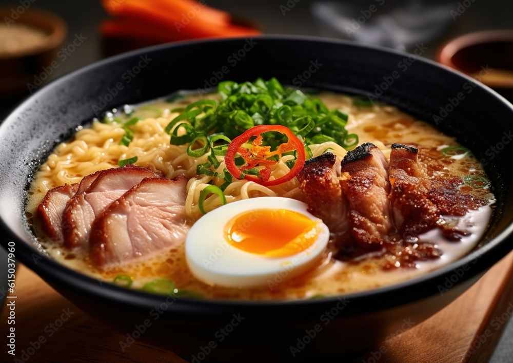Asian noodle soup, ramen with chicken, vegetables and egg in black bowl. generative AI image. Asian noodle soup, ramen with chicken, vegetables and egg in black bowl. generative AI image.