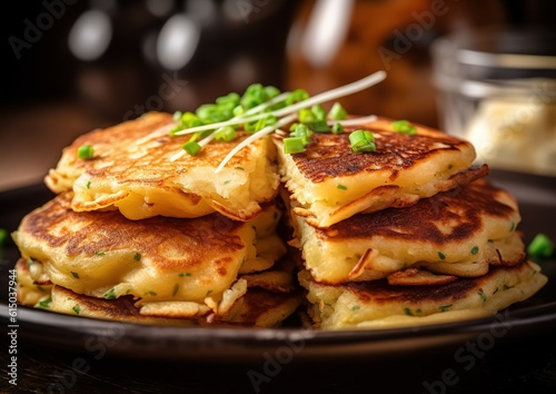 Crunchy potato pancakes in restaurant generative AI image.