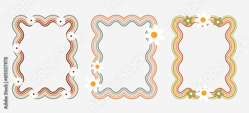 Retro frames with colorful wavy lines and flowers
